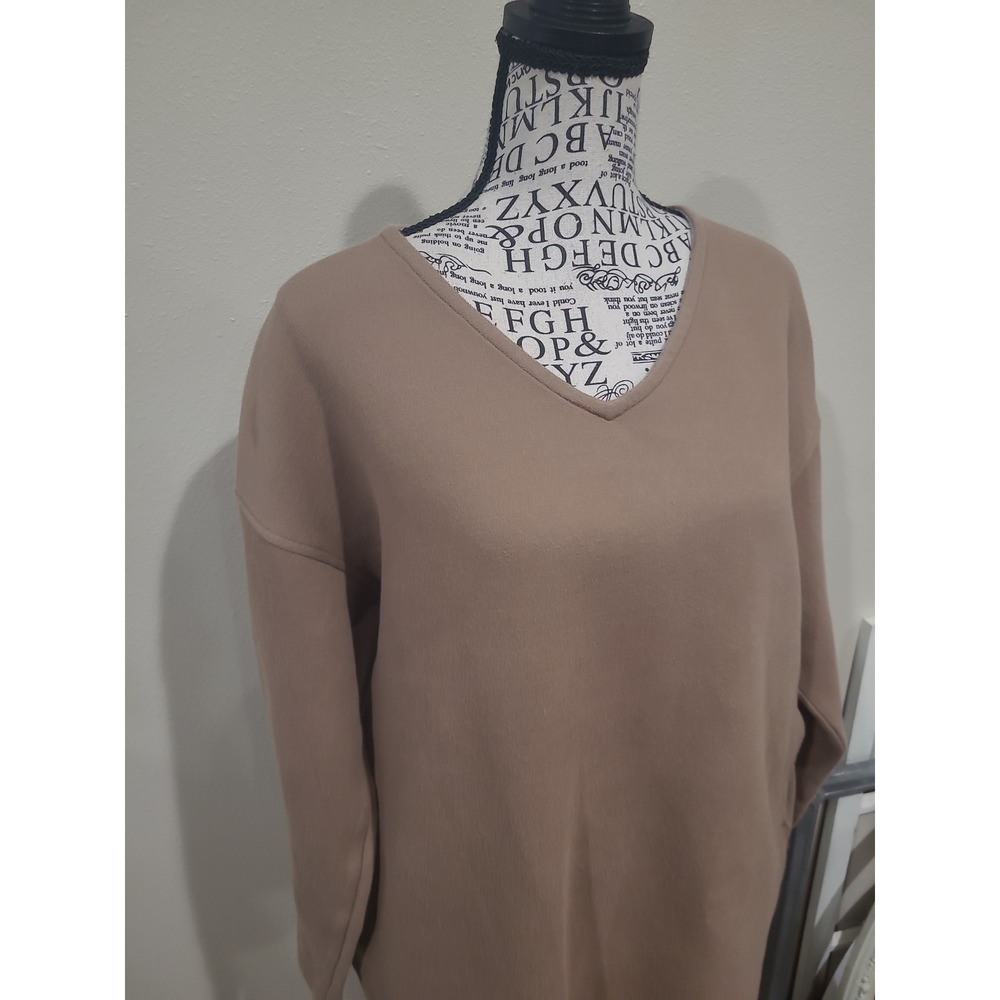 Uniqlo Women SZ L Brown V-Neck 3/4 Sleeve Sweater Dress w/pockets minalmalist - Picture 2 of 10